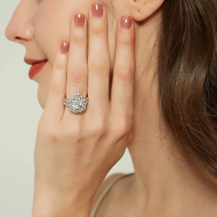 BERRICLE Rings Halo Milgrain Pear CZ Ring Set in Sterling Silver