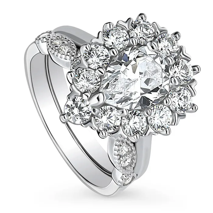 BERRICLE Rings Halo Milgrain Pear CZ Ring Set in Sterling Silver