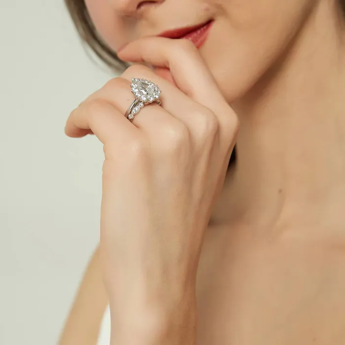 BERRICLE Rings Halo Milgrain Pear CZ Ring Set in Sterling Silver
