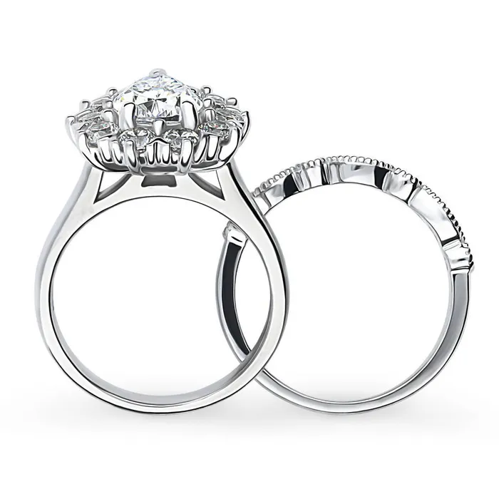 BERRICLE Rings Halo Milgrain Pear CZ Ring Set in Sterling Silver