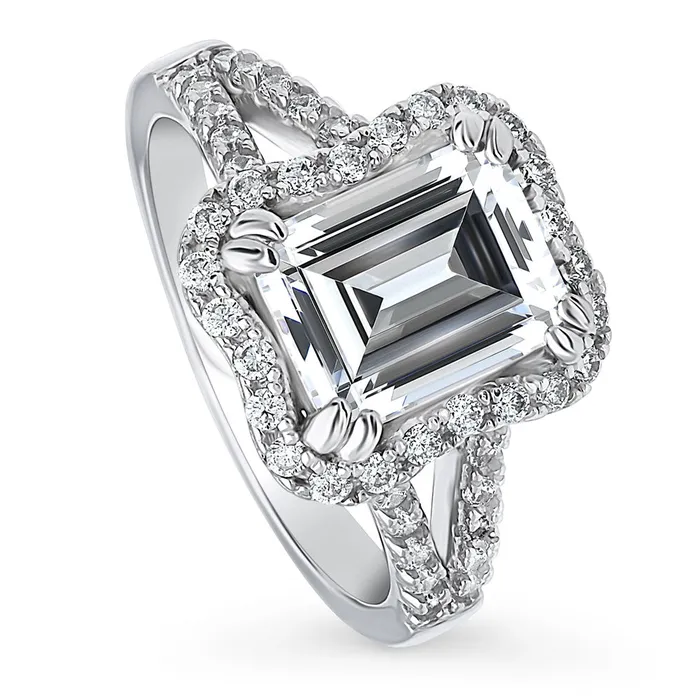 BERRICLE Rings Halo Woven Emerald Cut CZ Split Shank Ring in Sterling Silver