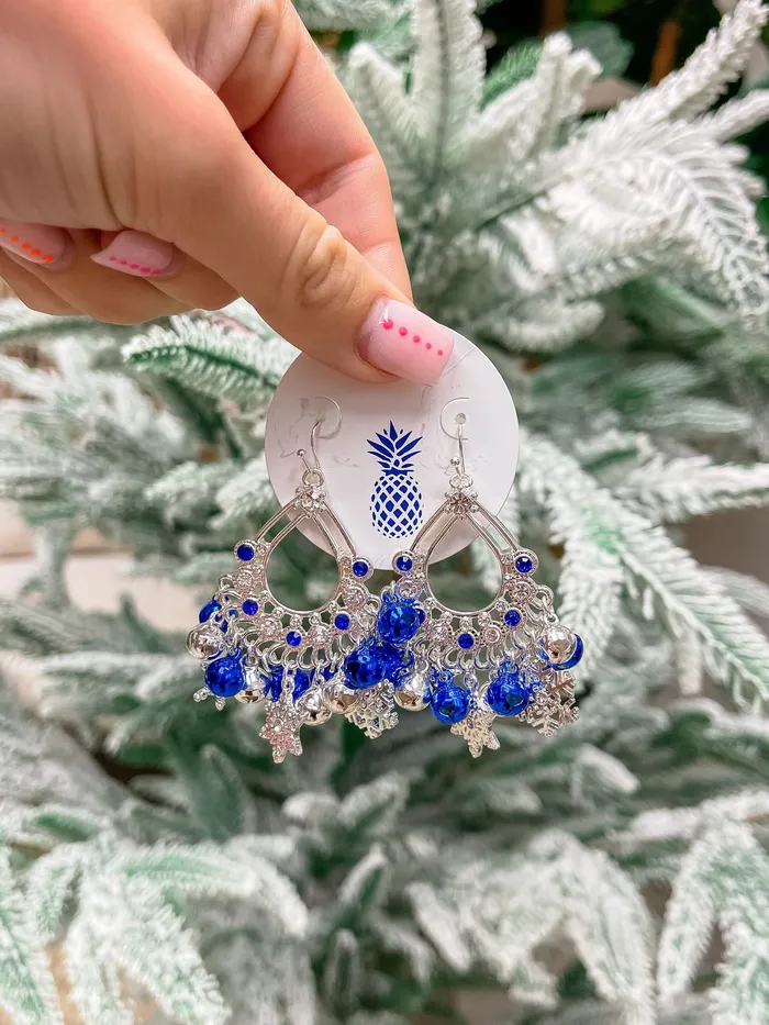 Glitzy Jingle Bell Statement Earrings Blue Silver Prep Obsessed MOA Earrings