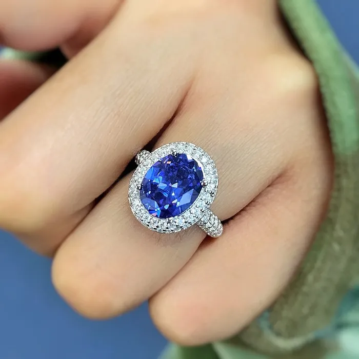 Halo Blue Oval CZ Ring in Sterling Silver BERRICLE Rings