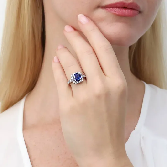 Halo Simulated Blue Sapphire Cushion CZ Ring in Sterling Silver BERRICLE Rings