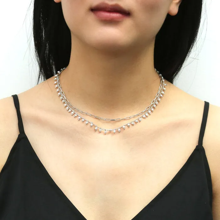 Paperclip Imitation Pearl Link Chain Necklace 2 Piece BERRICLE Necklaces