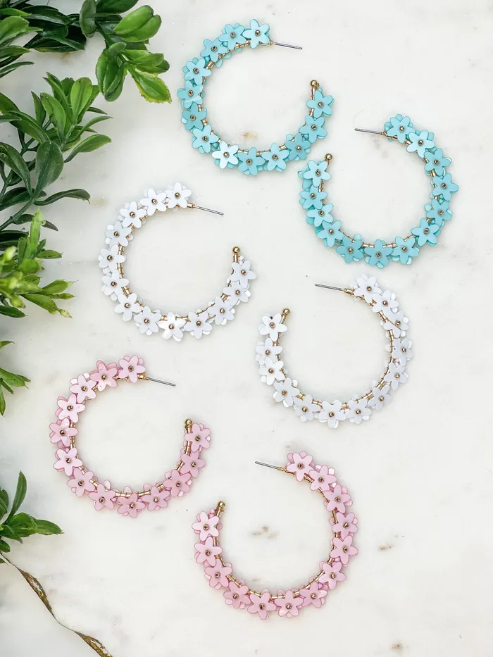 Prep Obsessed CT Earrings Sequin Flower Lined Hoop Earrings Blue