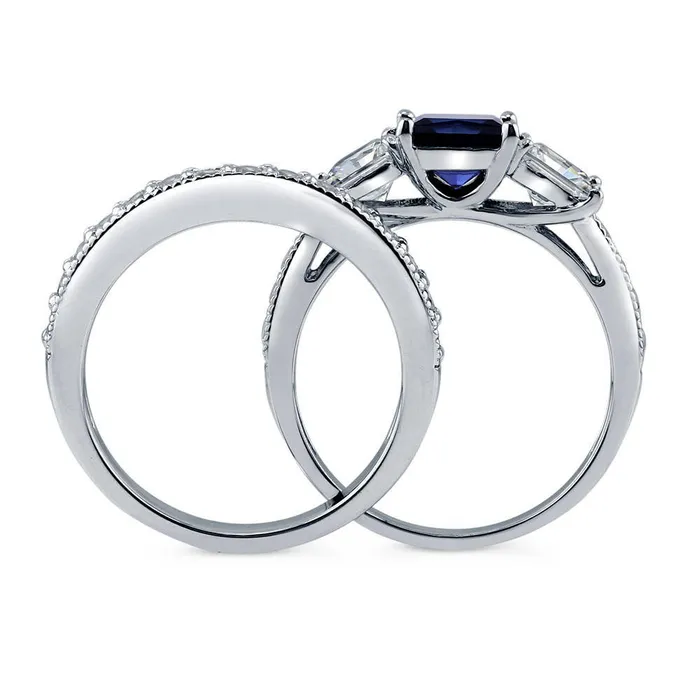 Rings BERRICLE 3Stone Simulated Blue Sapphire CZ Ring Set in Sterling Silver