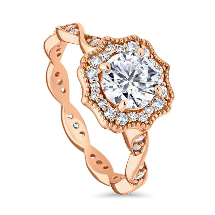 Rings BERRICLE Halo Art Deco CZ Ring in Rose Gold Plated Sterling Silver
