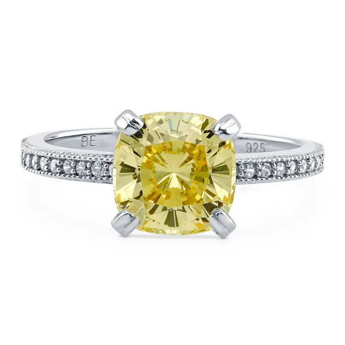 Rings BERRICLE Solitaire 3ct Canary Yellow Cushion CZ Ring in Sterling Silver