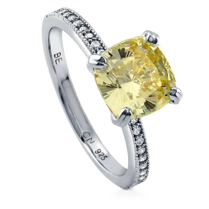 Rings BERRICLE Solitaire 3ct Canary Yellow Cushion CZ Ring in Sterling Silver