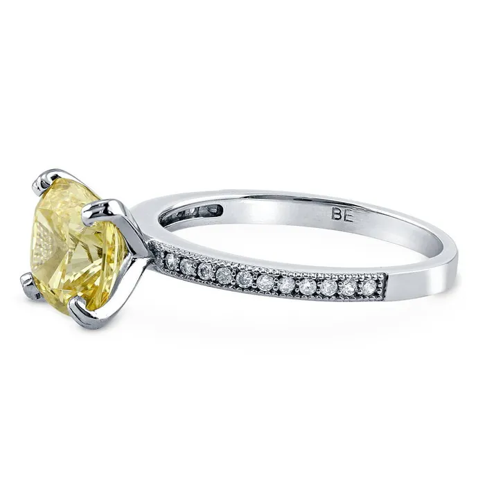 Rings BERRICLE Solitaire 3ct Canary Yellow Cushion CZ Ring in Sterling Silver