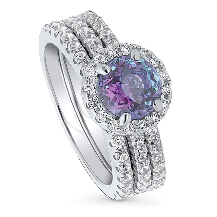Rings Halo Kaleidoscope Purple Aqua CZ Ring Set in Sterling Silver BERRICLE