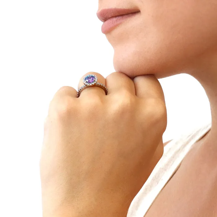 Rings Halo Kaleidoscope Purple Aqua CZ Ring Set in Sterling Silver BERRICLE