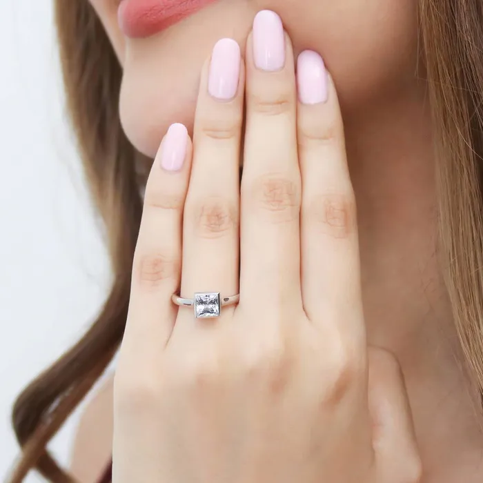 Solitaire 12ct Bezel Princess CZ Ring in Sterling Silver BERRICLE Rings