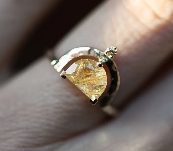 Unique Half Moon Rutile Quartz Ring With Champagne Diamond Capucinne Rings Unique Half Moon Rutile Quartz Ring With Champagne Diamond Capucinne Rings