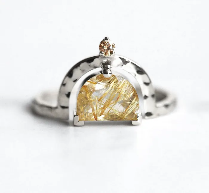 Unique Half Moon Rutile Quartz Ring With Champagne Diamond Capucinne Rings