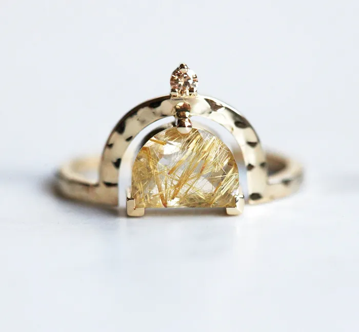 Unique Half Moon Rutile Quartz Ring With Champagne Diamond Capucinne Rings