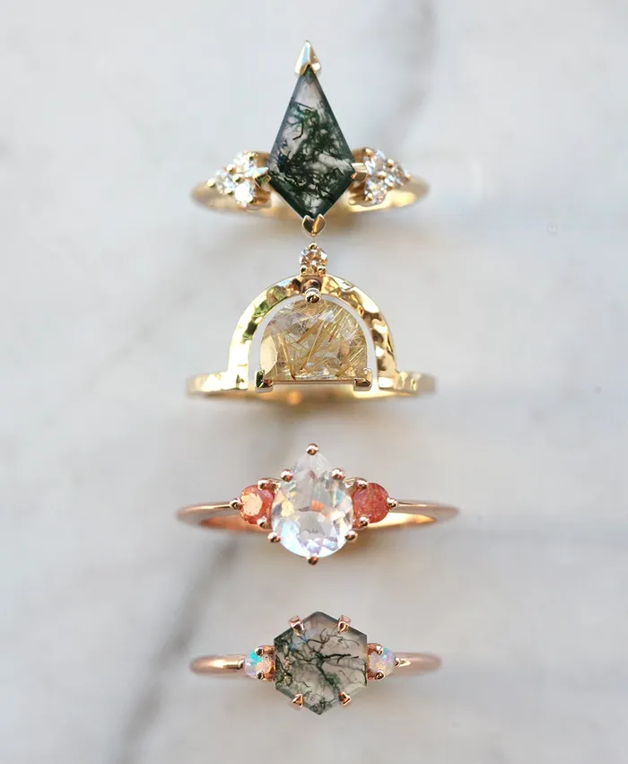 Unique Half Moon Rutile Quartz Ring With Champagne Diamond Capucinne Rings