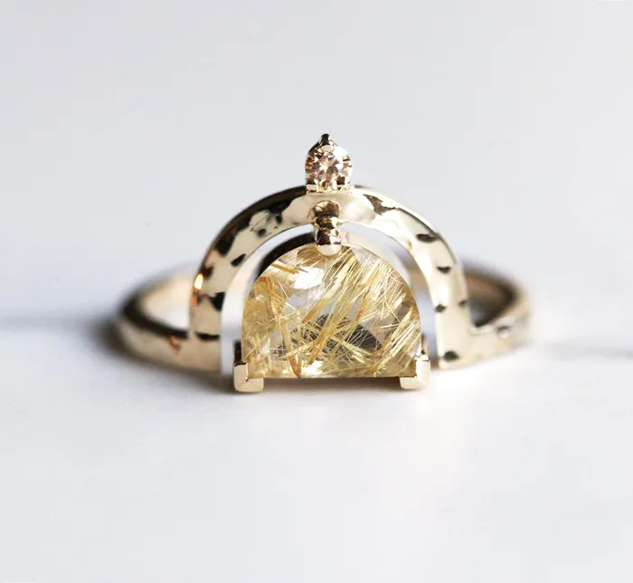 Unique Half Moon Rutile Quartz Ring With Champagne Diamond Capucinne Rings