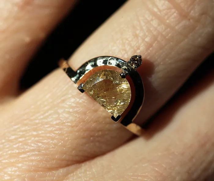 Unique Half Moon Rutile Quartz Ring With Champagne Diamond Capucinne Rings