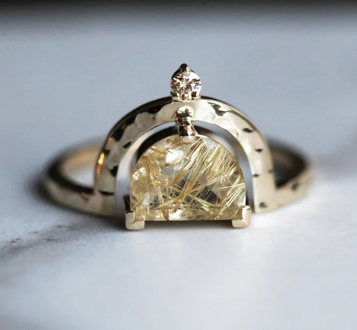 Unique Half Moon Rutile Quartz Ring With Champagne Diamond Capucinne Rings