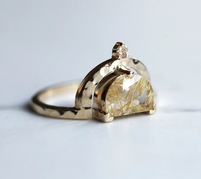 Unique Half Moon Rutile Quartz Ring With Champagne Diamond Capucinne Rings