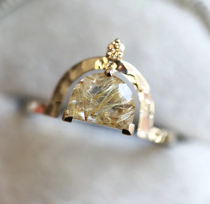 Unique Half Moon Rutile Quartz Ring With Champagne Diamond Capucinne Rings
