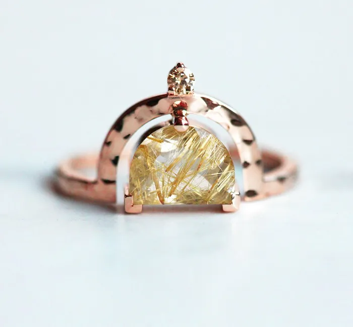 Unique Half Moon Rutile Quartz Ring With Champagne Diamond Capucinne Rings